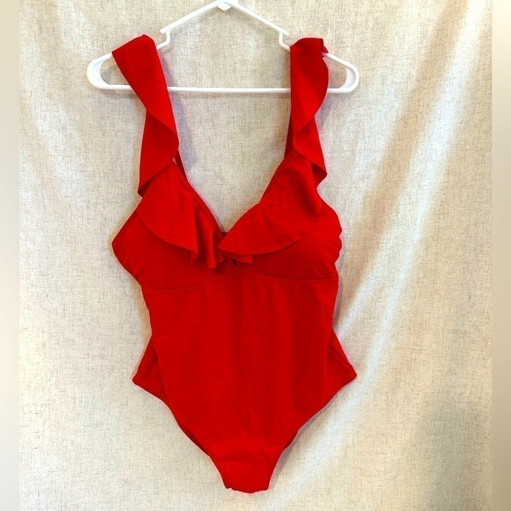 Red One Piece Swimsuit Ruffled Deep V